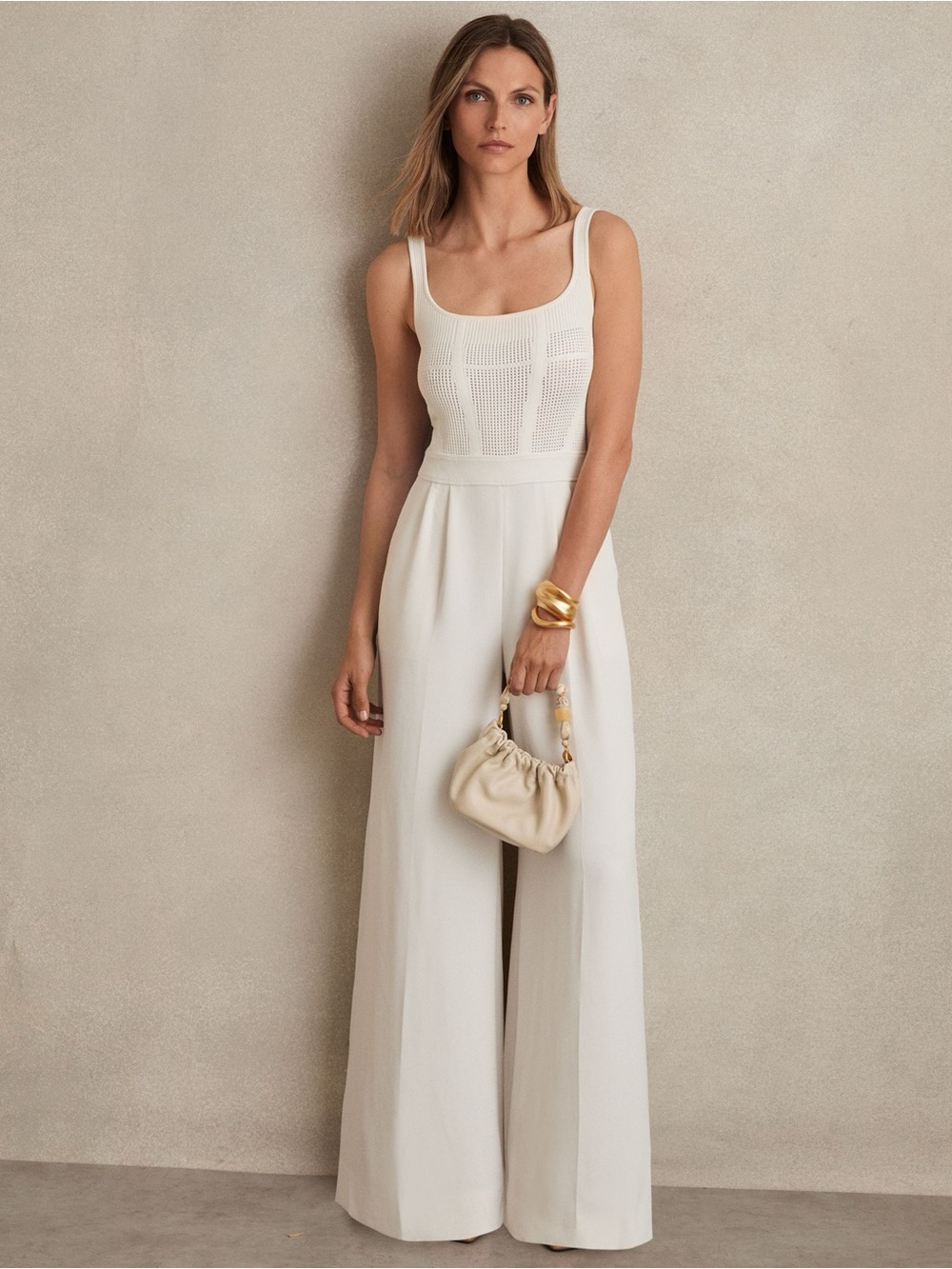 Reiss Carla Perforated-Knit Wide-Leg Jumpsuit in Ivory in size 12